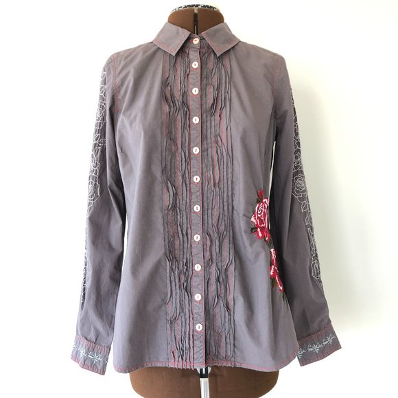 Embroidered Purple Grey Button Front Shirt - Picture 1 of 9